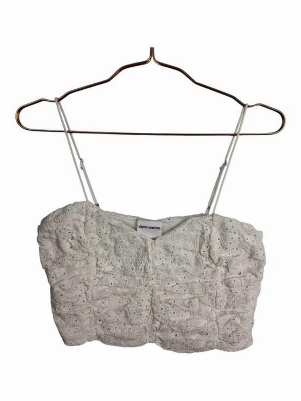 Skylar + Madison White Eyelet Crop Top Sz M Ruched Bustier Cami Tank Rayon Boho